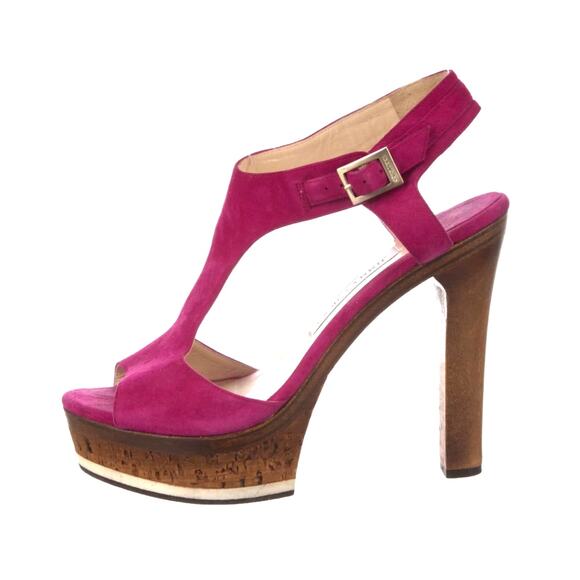 Jimmy Choo 8 Hot Pink Nixon Suede Platform Heels Peep Toe Luxury Sandals Purple - Picture 1 of 4